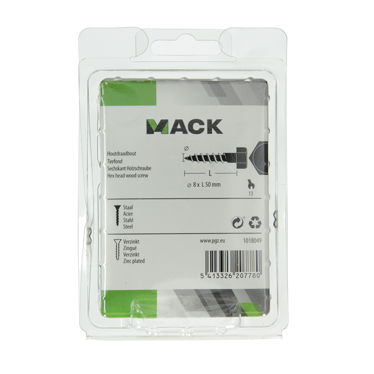 Mack 1018049 - boulon fileté à bois en acier galvanisé 20 pcs 8 x 50 mm | 5 pièces
