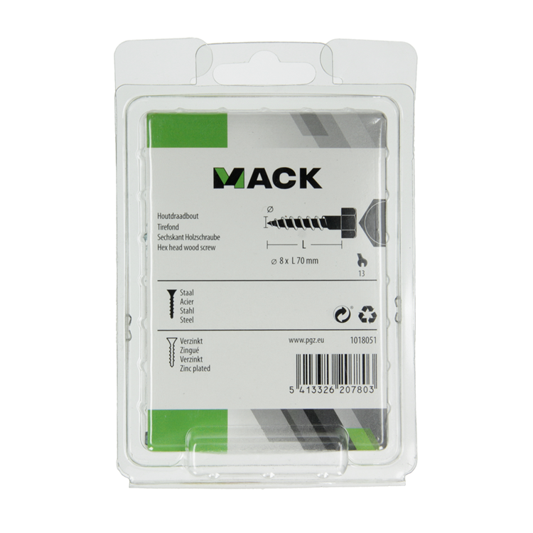 Mack 1018051 - boulon fileté à bois en acier galvanisé 16 pièces 8 x 70 mm | 5 pièces
