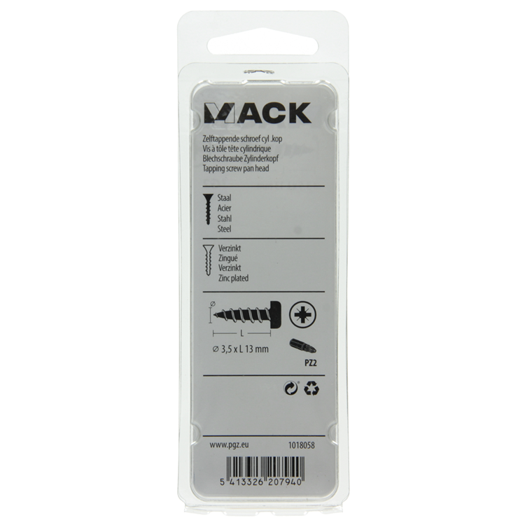 Mack 1018058 - vis autotaraudeuse à tête cylindrique galvanisée. 78 pièces 3,5 x 13 mm | 10 pièces