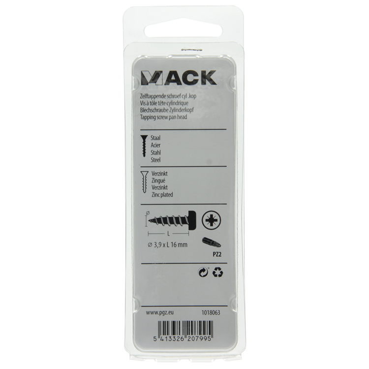 Mack 1018063 - vis autotaraudeuse à tête cylindrique galvanisée. 60 pièces 3,9 x 16 mm | 5 pièces