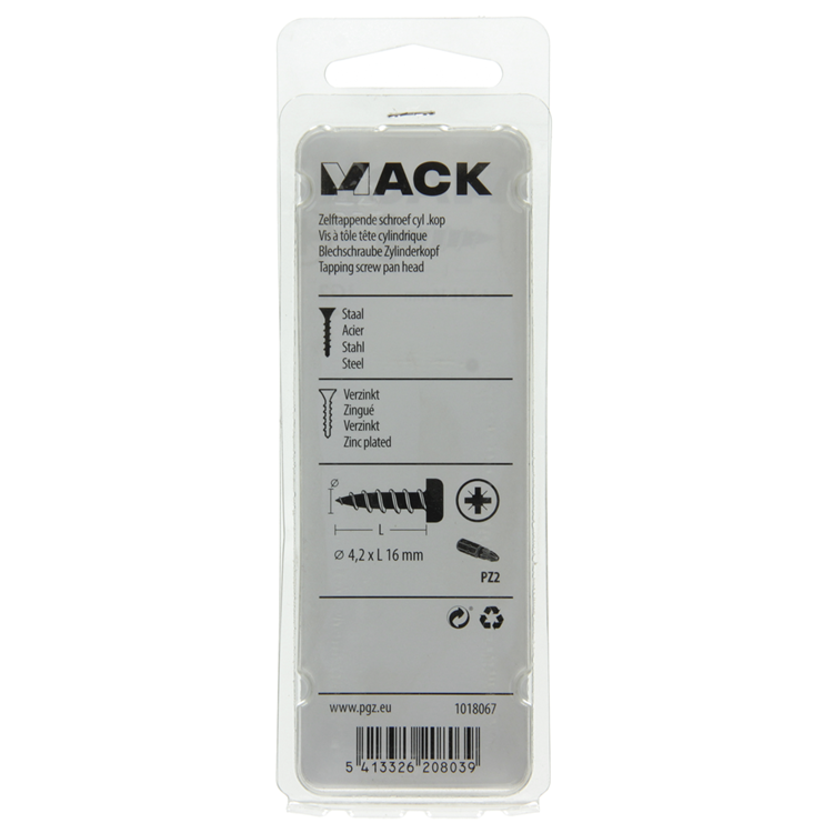 Mack 1018067 - vis autotaraudeuse à tête cylindrique galvanisée. 54 pièces 4,2 x 16 mm | 5 pièces