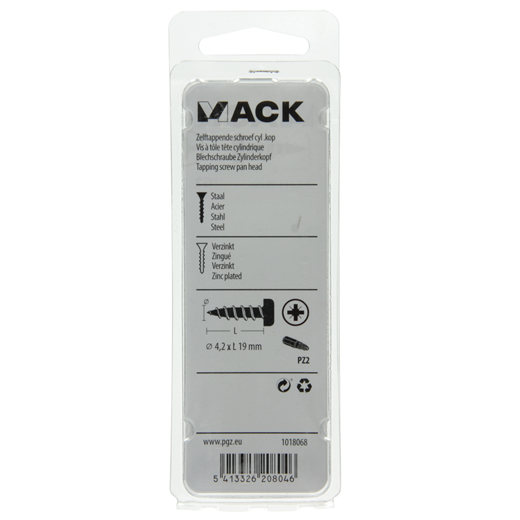 Mack 1018068 - vis autotaraudeuse à tête cylindrique galvanisée. 48 pièces 4,2 x 19 mm | 5 pièces