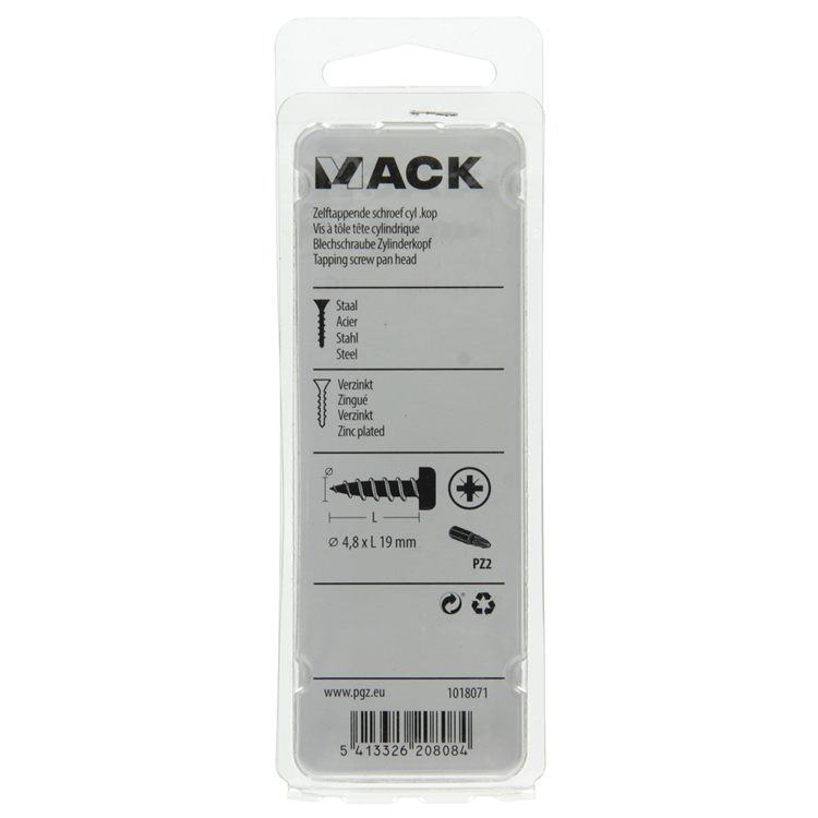 Mack 1018071 - vis autotaraudeuse à tête cylindrique galvanisée. 38 pièces 4,8 x 19 mm | 5 pièces