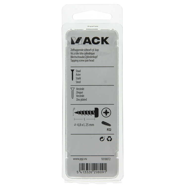 Mack 1018072 - vis autotaraudeuse à tête cylindrique galvanisée. 32 pièces 4,8 x 25 mm | 5 pièces