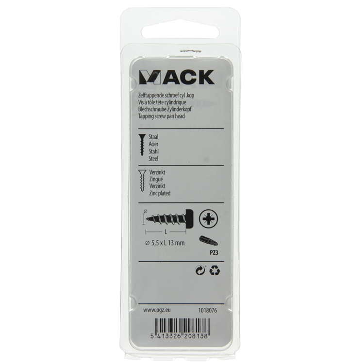 Mack 1018076 - vis autotaraudeuse à tête cylindrique galvanisée. 28 pièces 5,5 x 13 mm | 5 pièces