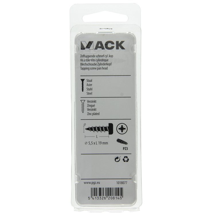 Mack 1018077 - vis autotaraudeuse à tête cylindrique galvanisée. 25 pièces 5,5 x 19 mm | 5 pièces