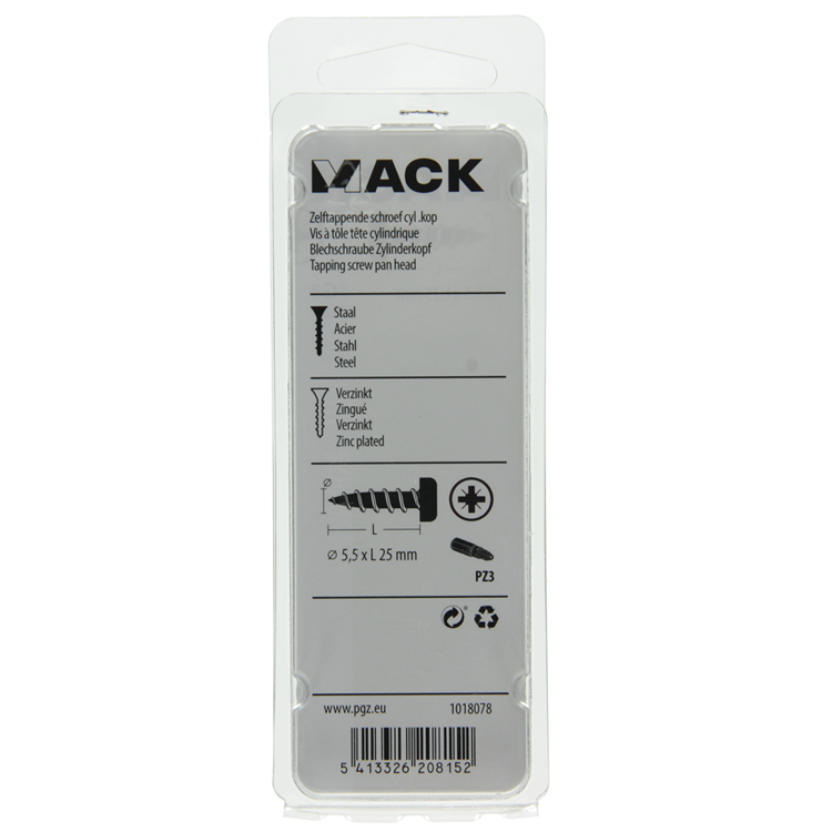 Mack 1018078 - vis autotaraudeuse à tête cylindrique galvanisée. 22 pièces 5,5 x 25 mm | 5 pièces