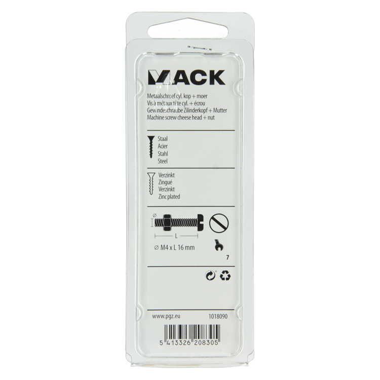 Mack 1018090 - vérin à vis métal. tête + écrou plaqué 60 pcs m4 x 16 mm | 5 pièces