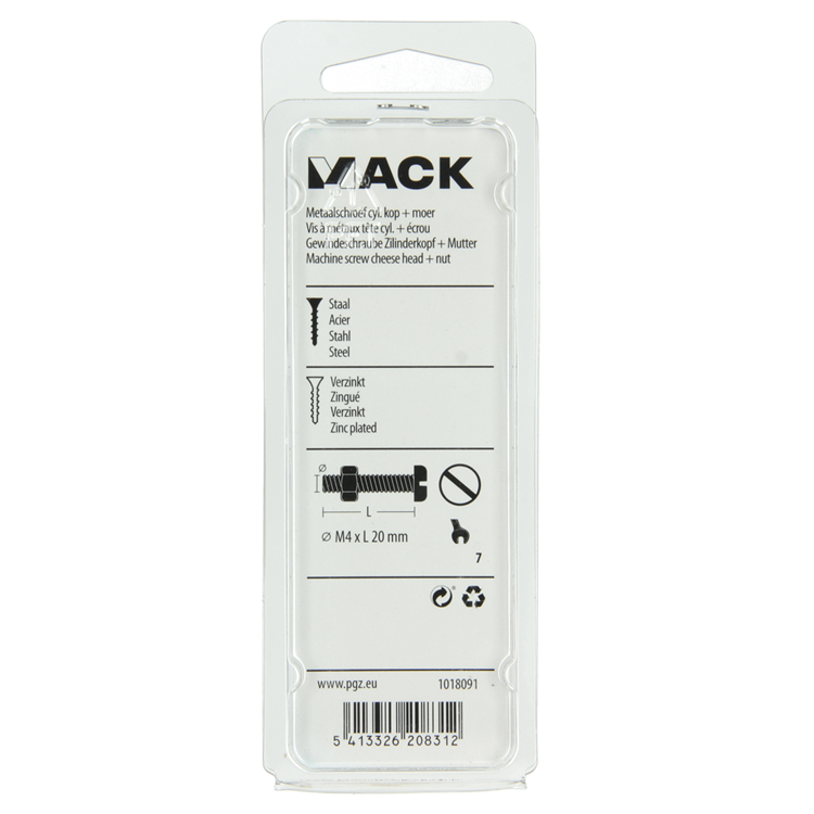 Mack 1018091 - vérin à vis métal. tête + écrou plaqué 55 pcs m4 x 20 mm | 5 pièces