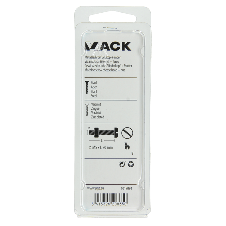 Mack 1018094 - vérin à vis métal. tête + écrou plaqué 38 pcs m5 x 20 mm | 5 pièces