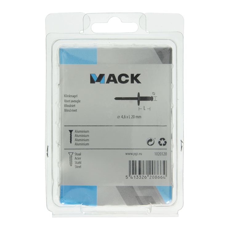 Mack 1020320 - 40 agrafes aveugles aluminium tête large 4,8x20mm | 3 pièces