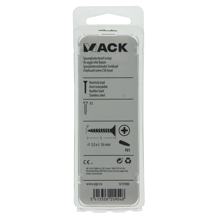 Mack 1019980 - vis pour panneaux d'aggloméré tête VZ acier inoxydable 120 pcs 3,0 x 16 mm | 5 pièces