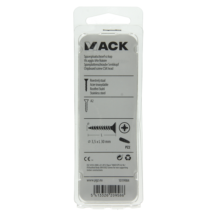 Mack 1019984 - vis pour panneaux d'aggloméré tête VZ acier inoxydable 75 pièces 3,5 x 30 mm | 5 pièces