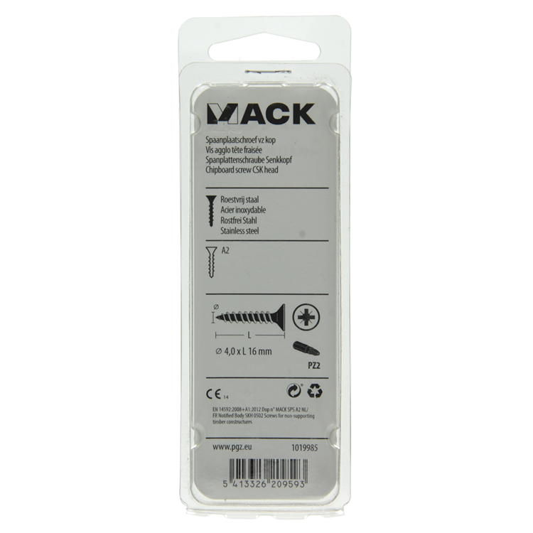 Mack 1019985 - vis pour panneaux d'aggloméré tête VZ acier inoxydable 90 pièces 4,0 x 16 mm | 5 pièces