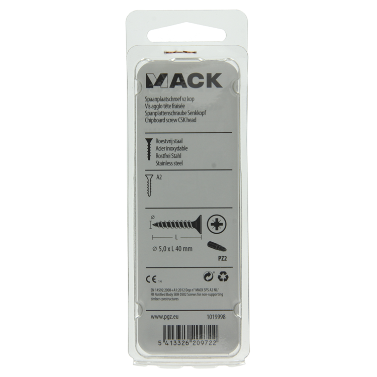 Mack 1019998 - vis pour panneaux d'aggloméré tête VZ acier inoxydable 30 pièces 5,0 x 40 mm | 5 pièces