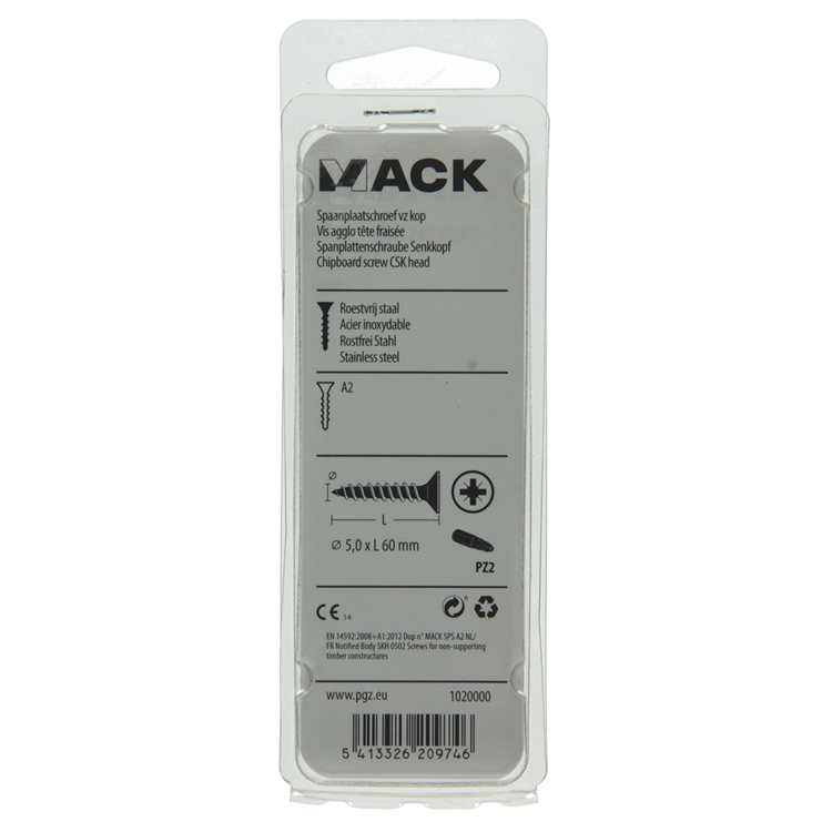Mack 1020000 - vis pour panneaux d'aggloméré tête VZ acier inoxydable 20 pièces 5,0 x 60 mm | 5 pièces