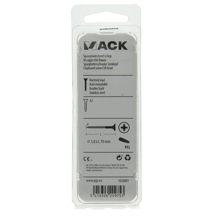 Mack 1020001 - vis pour panneaux d'aggloméré tête VZ acier inoxydable 18 pièces 5,0 x 70 mm | 5 pièces