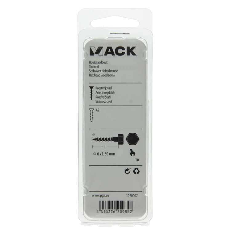 Mack 1020007 - boulon fileté à bois en acier inoxydable 18 pcs 6 x 30 mm | 5 pièces