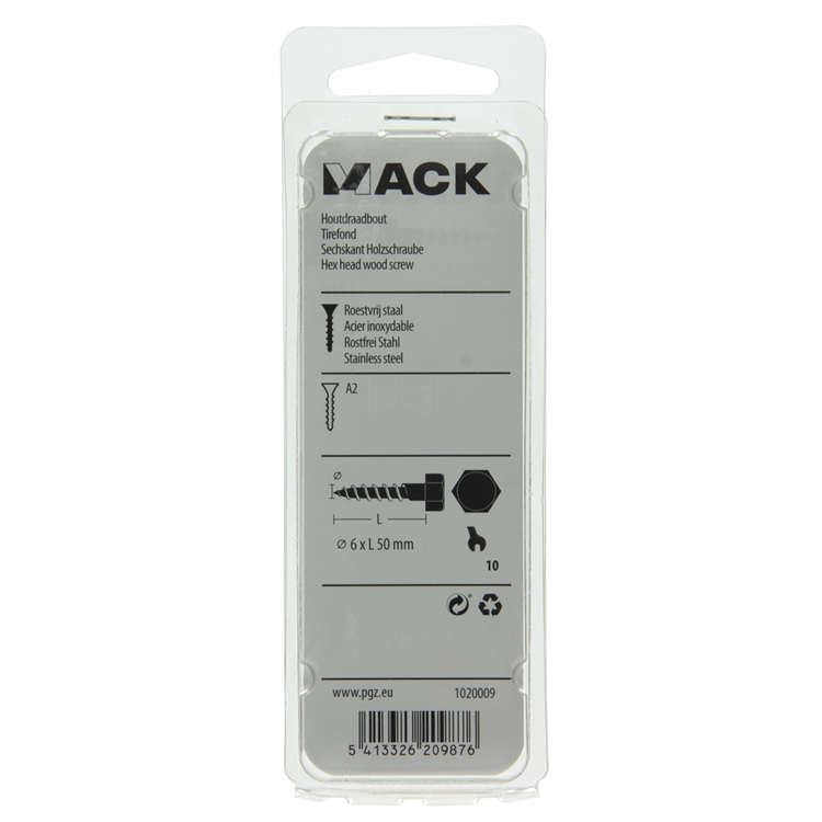 Mack 1020009 - boulon fileté à bois en acier inoxydable 12 pièces 6 x 50 mm | 5 pièces