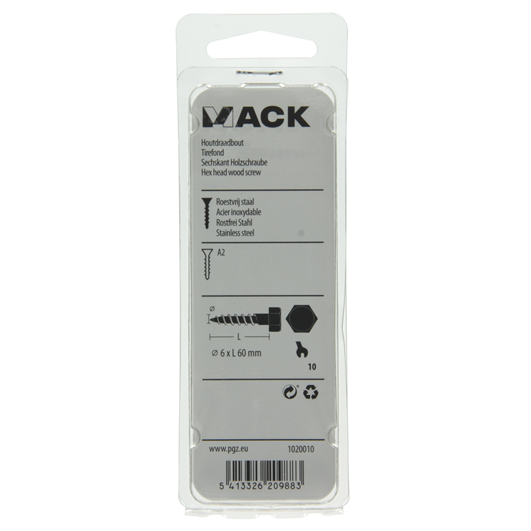 Mack 1020010 - boulon fileté à bois en acier inoxydable 10 pièces 6 x 60 mm | 5 pièces