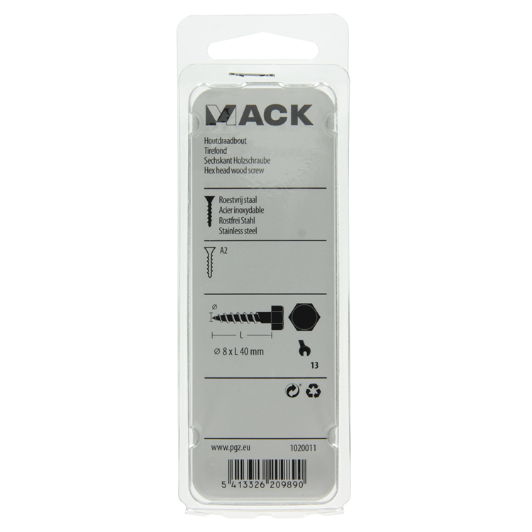 Mack 1020011 - boulon fileté à bois en acier inoxydable 10 pièces 8 x 40 mm | 5 pièces