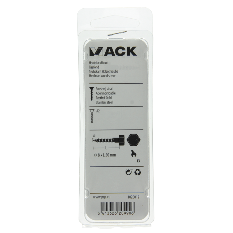 Mack 1020012 - boulon fileté à bois en acier inoxydable 8 pièces 8 x 50 mm | 5 pièces