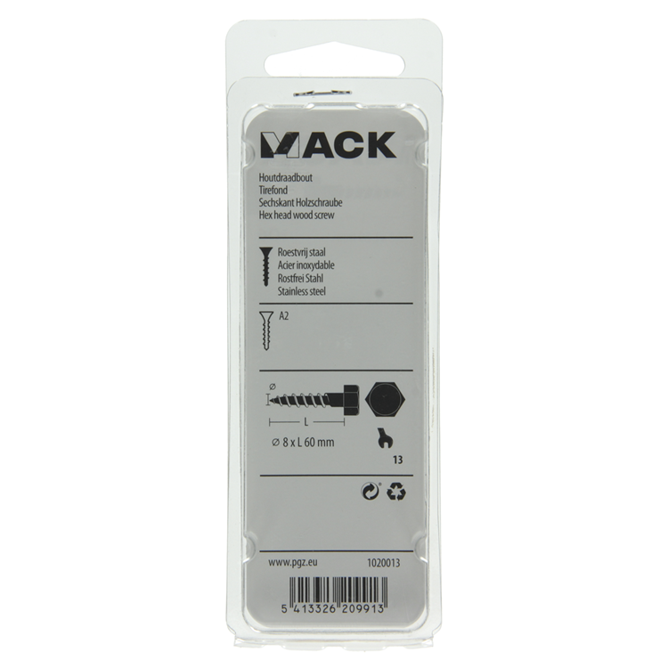 Mack 1020013 - boulon fileté à bois en acier inoxydable 7 pièces 8 x 60 mm | 5 pièces