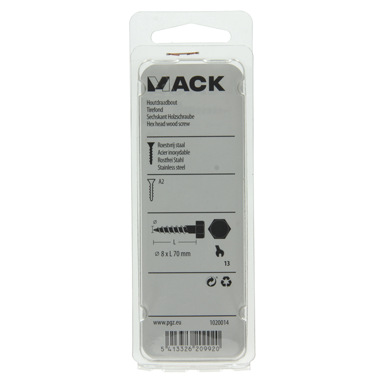 Mack 1020014 - boulon fileté à bois en acier inoxydable 6 pièces 8 x 70 mm | 5 pièces