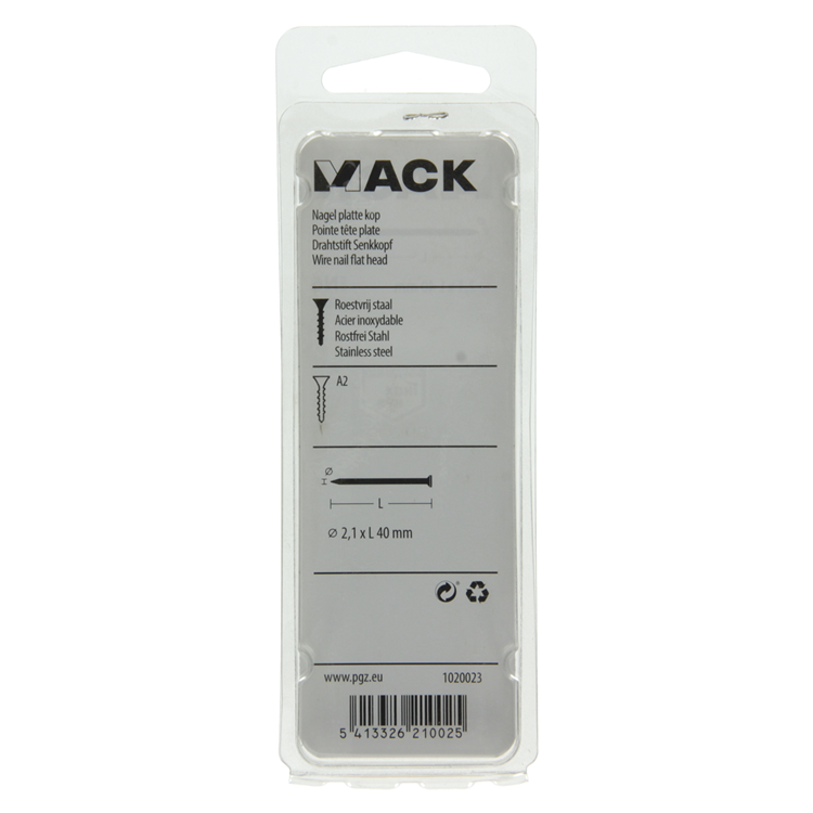 Mack 1020023 - clou à tête plate en acier inoxydable A2 60 pcs 2,1 x 40 mm | 5 pièces