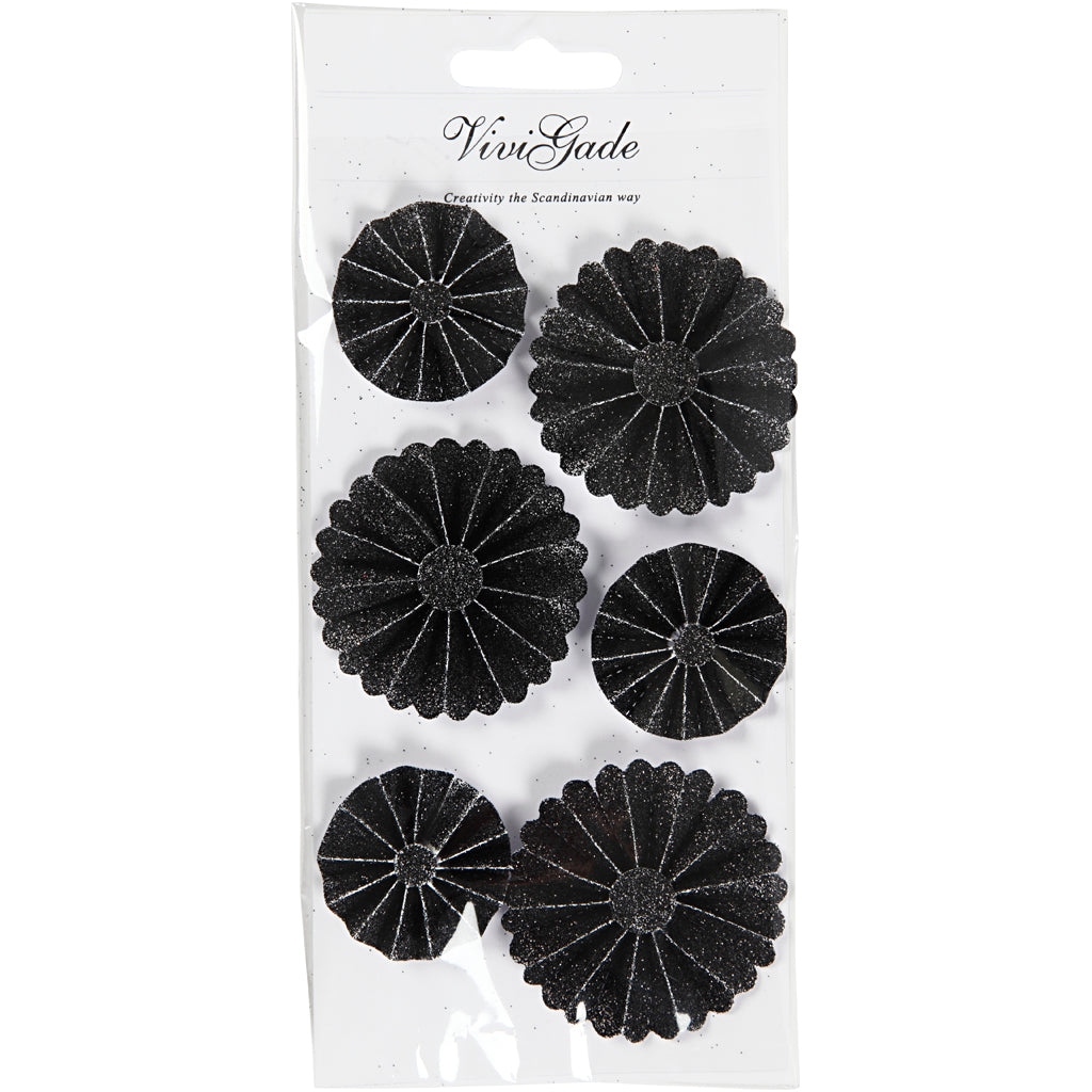 Rosaces Vivi Gade, d 35+50 mm, paillettes noires, 6 pièces 1 boîte