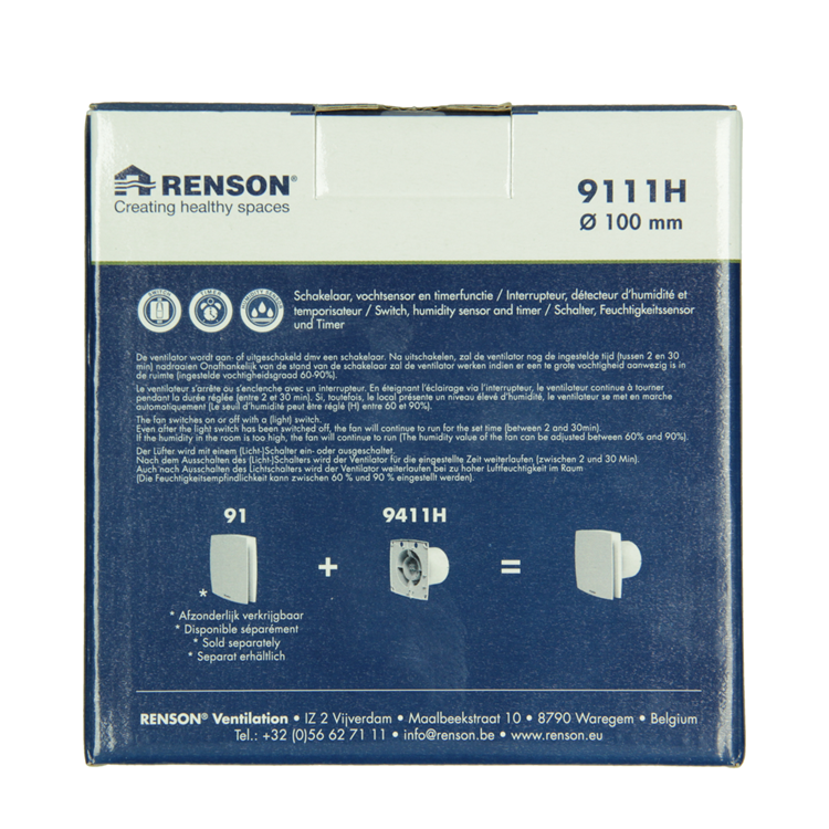 Renson 1069252 - mech.ventil. capteur d'humidité minuterie9411h (dia 100) | 2 pièces