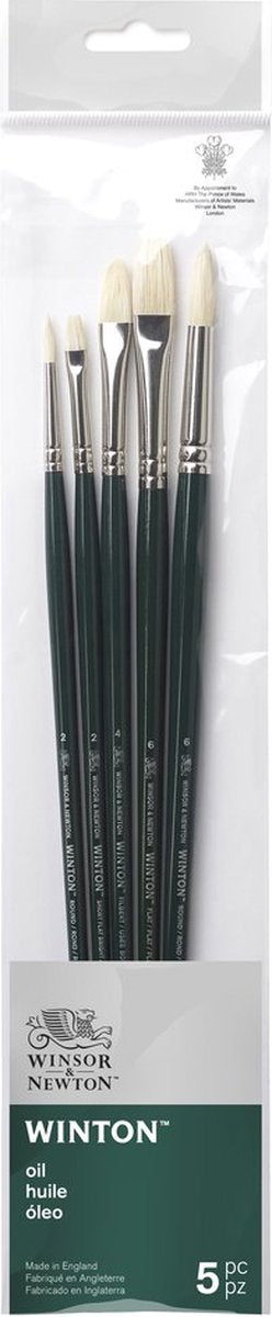 Winsor Newton 5990611 Ensemble de pinceaux à huile Winton - 5 pinceaux longs pour peinture à l'huile (poils ronds et plats en filbert - rond 2, rond 6, court plat brillant 2, plat 6 et filbert 4)