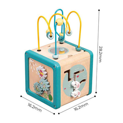 Cube d'activités en bois Playwood avec cadre en perles
