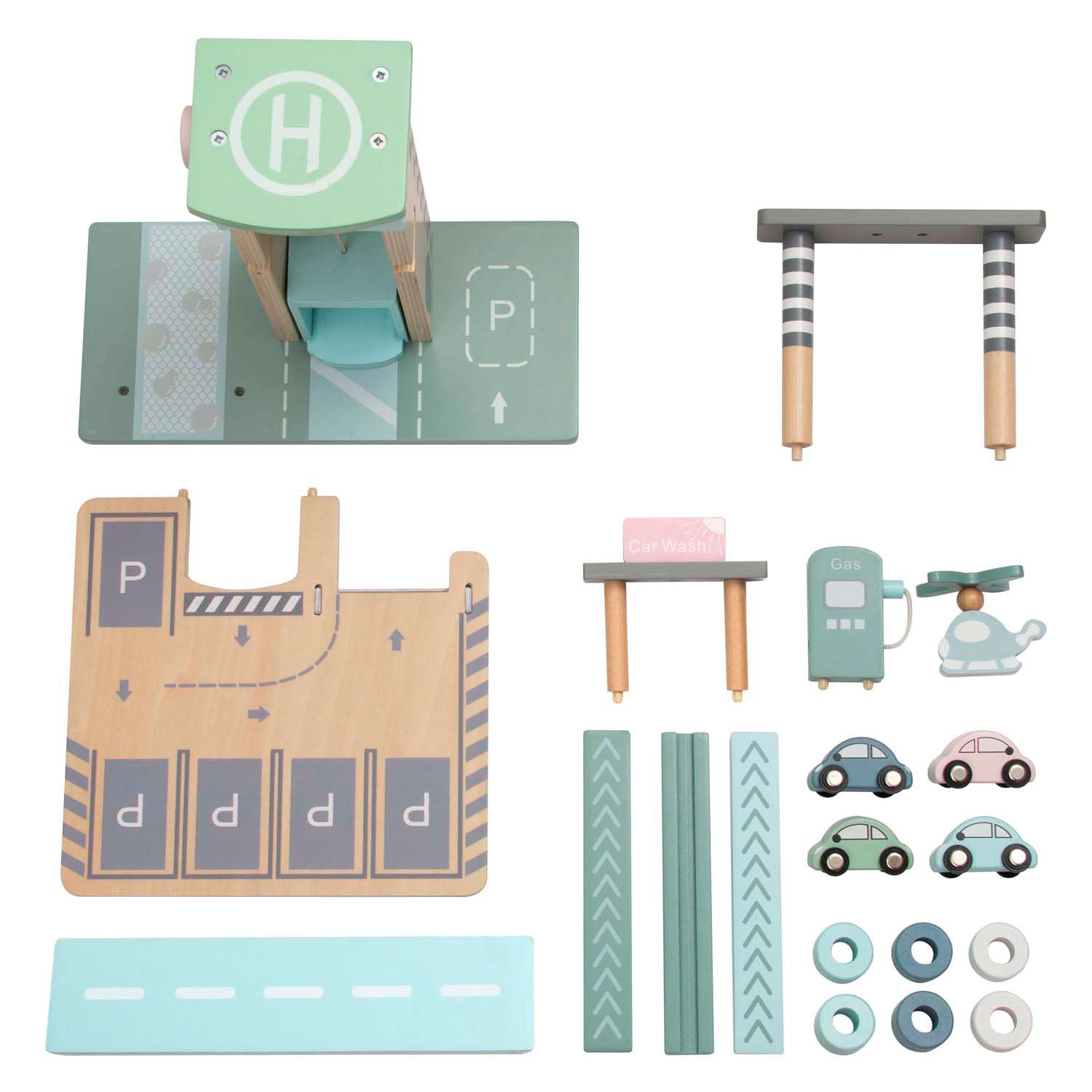Parking et station-service en bois de couleur pastel Playwood avec ascenseur