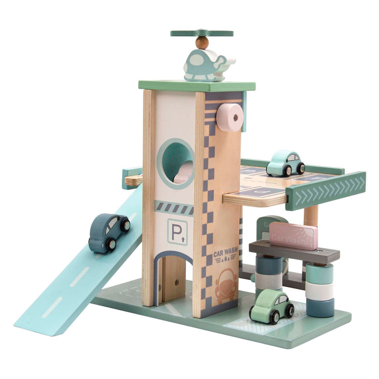 Parking et station-service en bois de couleur pastel Playwood avec ascenseur