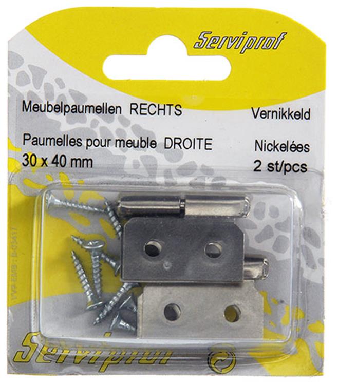 Mack 1013467 - 2 charnières de meuble droite nickelées h 30 x l 40 mm | 5 pièces