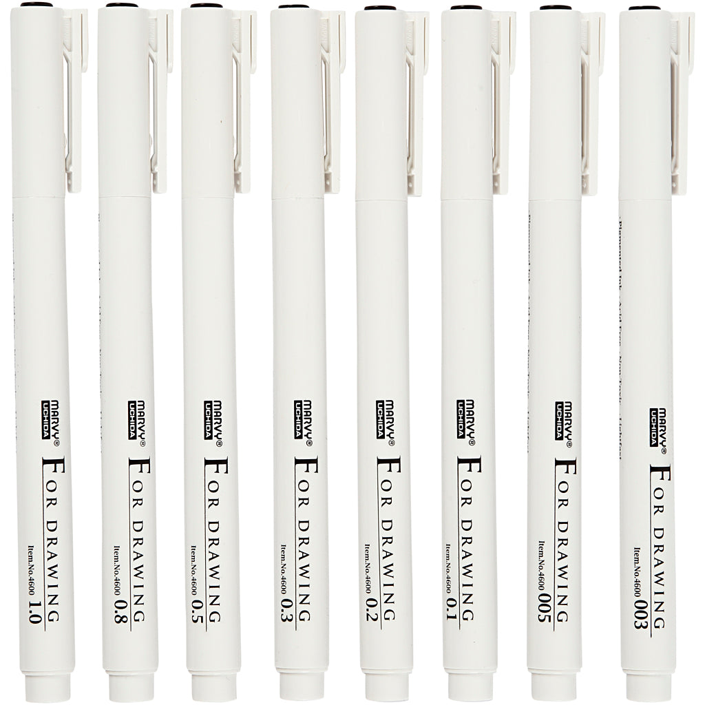 Fineliners, épaisseur de ligne 0,03 + 0,05 + 0,1 + 0,2 + 0,3 + 0,5 + 0,8 + 1,0 mm, noir, 8 pièces 1 boîte