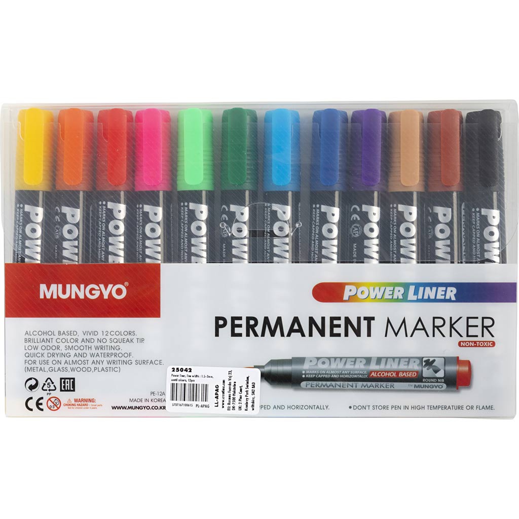 Mungyo power liner, épaisseur de trait 1,5-3 mm, différentes couleurs, 12 pièces 1 boîte