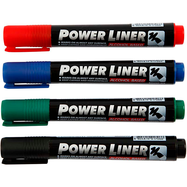 Mungyo power liner, largeur de trait 1,5-3 mm, noir, bleu, vert, rouge, 4 pièces 1 boîte