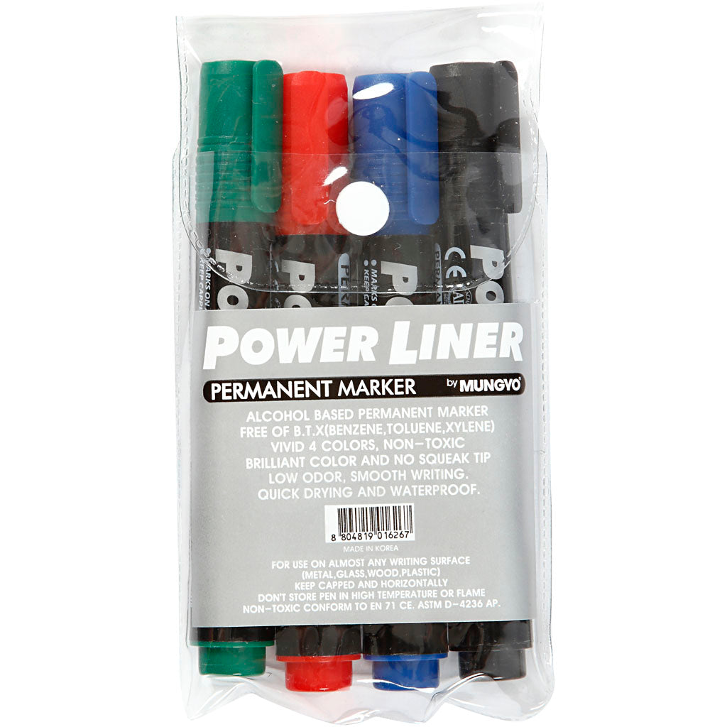 Mungyo power liner, largeur de trait 1,5-3 mm, noir, bleu, vert, rouge, 4 pièces 1 boîte