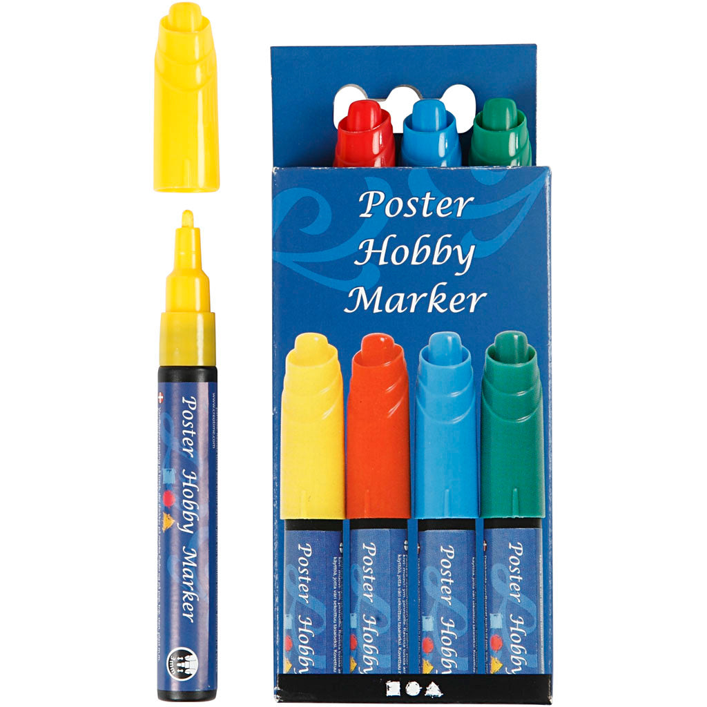 Marqueur pour affiches, largeur de trait 3 mm, bleu, vert, rouge, jaune, 4 pièces 1 boîte