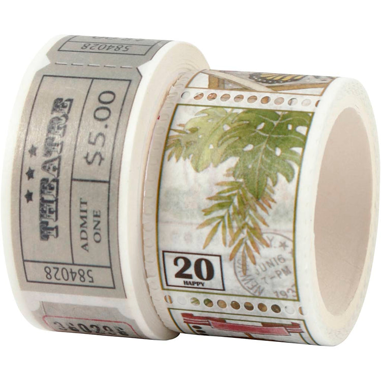 Ruban de masquage Creativ company, motifs tickets et nature, l: 3+5 m, l: 20+25 mm, 2 rouleaux 1 carton