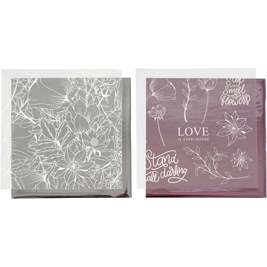 Vivi gade feuille déco et feuille de transfert, fleurs, feuille 15x15 cm, rose, argent, 4 feuilles 1 boîte