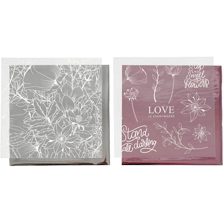 Vivi gade feuille déco et feuille de transfert, fleurs, feuille 15x15 cm, rose, argent, 4 feuilles 1 boîte