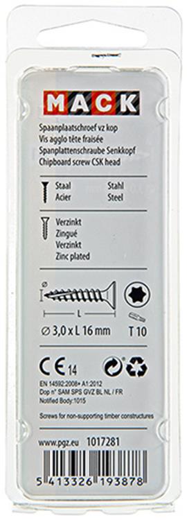 Mack 1017281 - spainplschr.vzkop-selfb. plaqué jaune 50 pcs 3,0 x 16 mm | 10 pièces