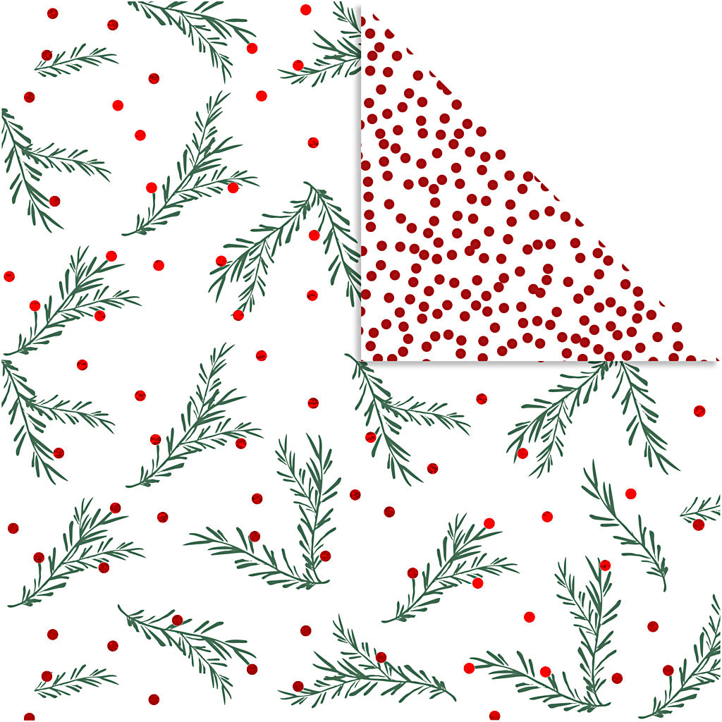 Papier design Vivi Gade, branche et pois, feuille 30,5x30,5 cm, 180 gr, or, vert, rouge, blanc, 3 feuilles 1 boîte