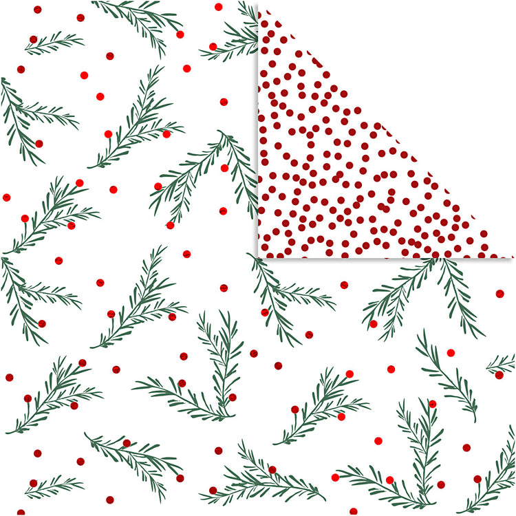 Papier design Vivi Gade, branche et pois, feuille 30,5x30,5 cm, 180 gr, or, vert, rouge, blanc, 3 feuilles 1 boîte