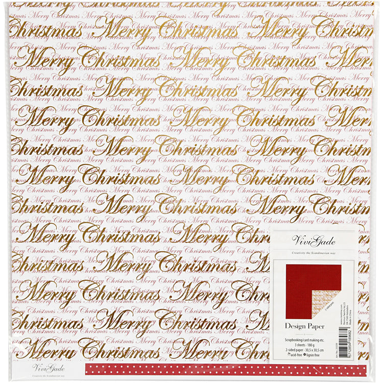 Papier design Vivi Gade, joyeux noël et pois, feuille 30,5x30,5 cm, 180 gr, or, 3 feuilles 1 boîte
