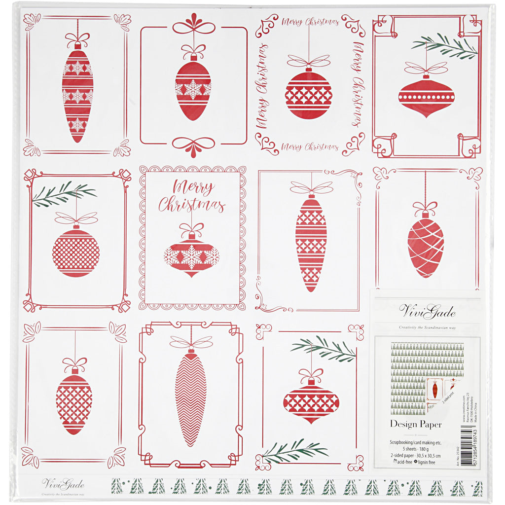 Papier design Vivi Gade, boules de Noël et sapins de Noël, feuille 30,5x30,5 cm, 180 gr, 5 feuilles 1 boîte