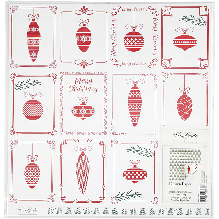 Papier design Vivi Gade, boules de Noël et sapins de Noël, feuille 30,5x30,5 cm, 180 gr, 5 feuilles 1 boîte